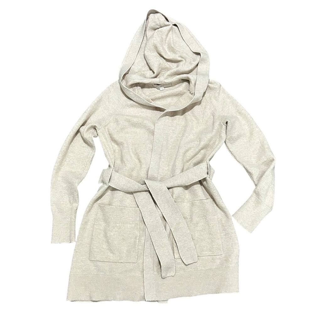 Loft Womens Oatmeal Beige Hooded Belted Open Front Cardigan Sweater Small 455178
